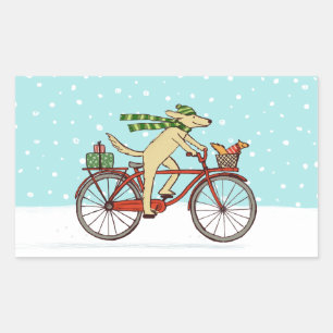 Cycling Dog and Squirrel Winter Holiday Rectangular Sticker