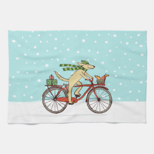 Cycling Dog and Squirrel Winter Holiday Tea Towel