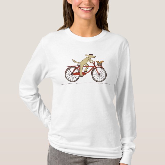 Cycling Dog with Squirrel Humourous Animals Design T-Shirt (Front)