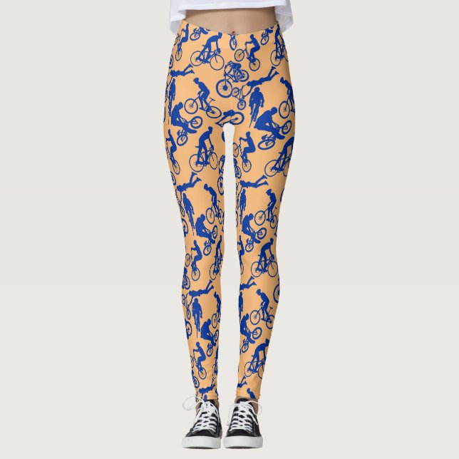 Cycling Freestyles Pattern.w x4 Orange BG Leggings (Front)