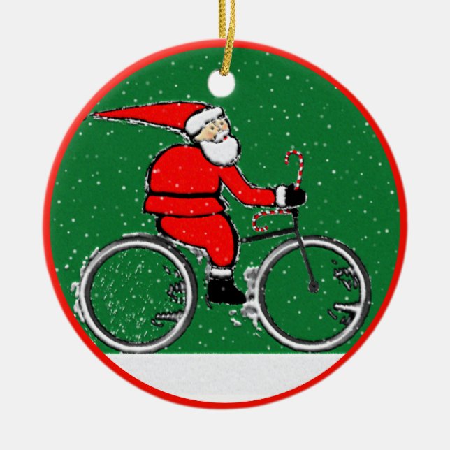 Cycling Santa Collectible Ceramic Ornament (Front)