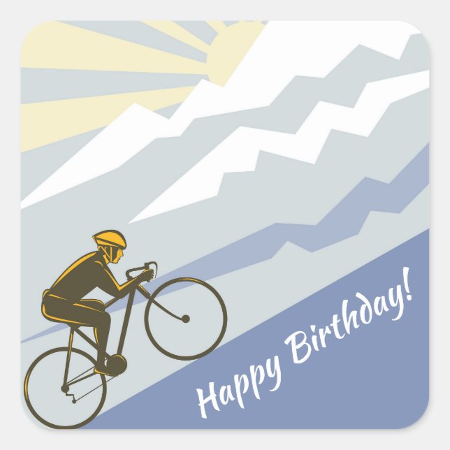 Cyclist Biking Mountain Road Bike Happy Birthday Square Sticker (Front)
