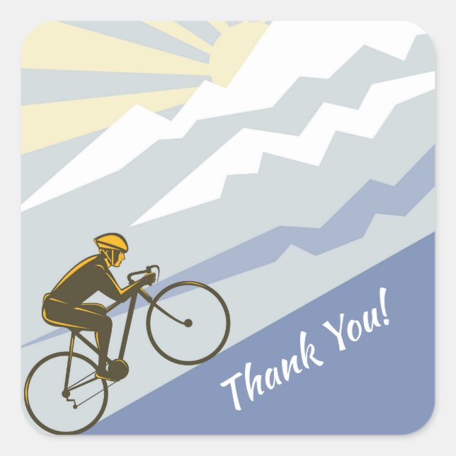 Cyclist Biking up Mountain Road Bike Thank You Square Sticker (Front)