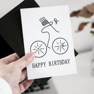 Cyclist Carry Birthday Cake Line Vector Bicycle Card