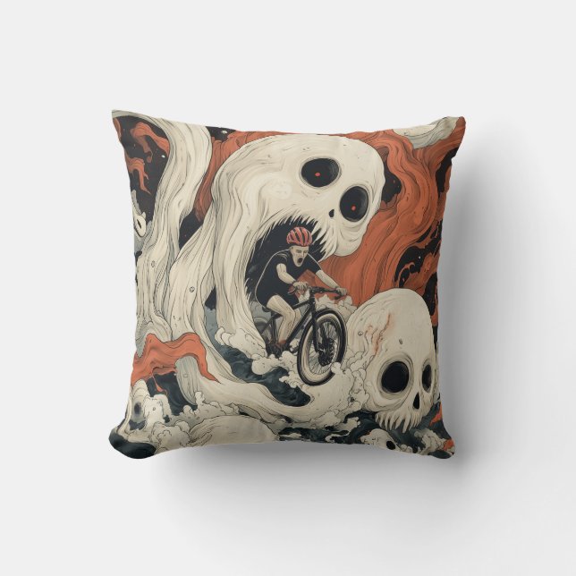 Cyclist Escaping Skull Yokai Throw Pillow (Front)