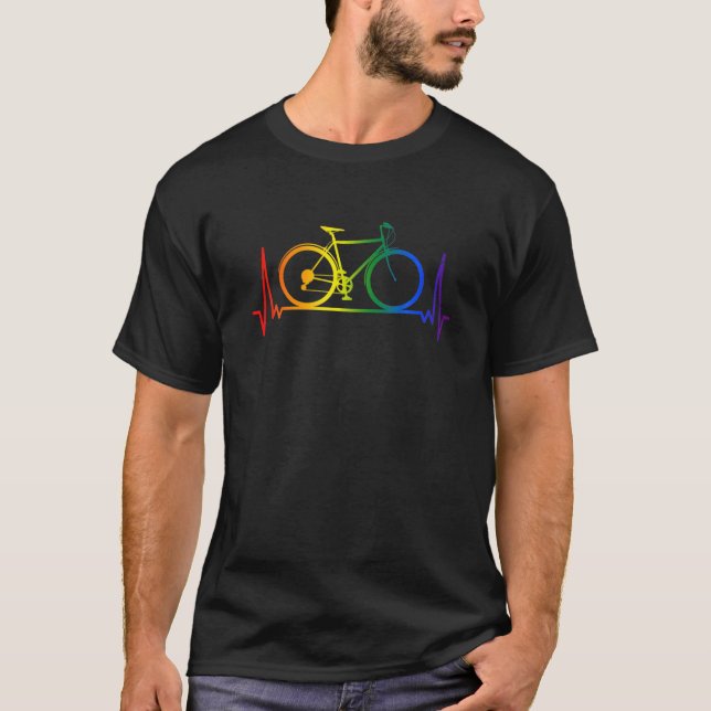Cyclist Heartbeat LGBTQ  Heart Rate Bike T-Shirt (Front)