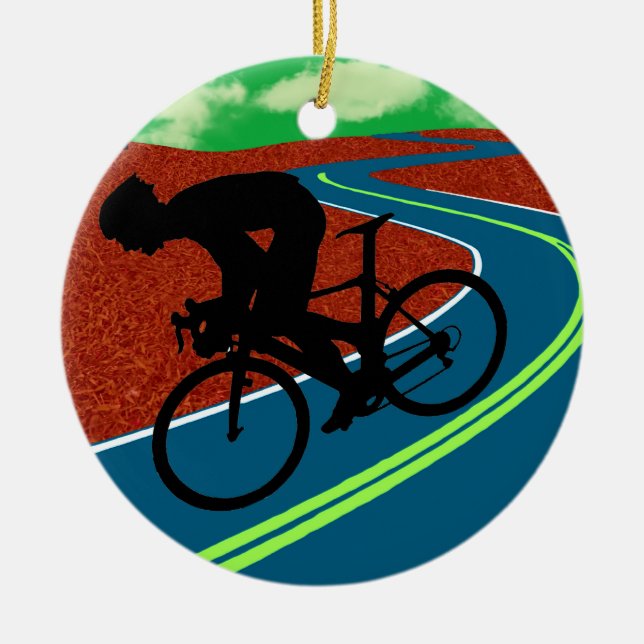 Cyclist on a Curved Highway Ceramic Tree Decoration (Front)