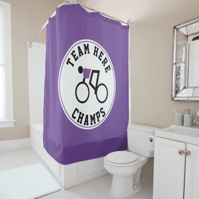 Cyclist on his bike purple black champs shower curtain (In Situ)