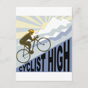 Cyclist racing bike up steep mountain retro style postcard