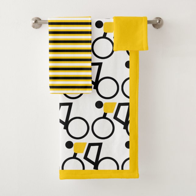 Cyclist riding bicycle black and yellow stripes bath towel set (Insitu)