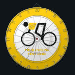 Cyclist riding his bicycle custom dartboard<br><div class="desc">Cyclist riding his bicycle dart board that showcases a minimalist icon of a black cycling silhouette wearing yellow top and your text on white background with yellow border. The perfect gift for those bicycling athletes or just biking lovers in your life.</div>