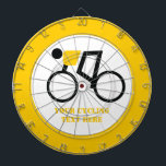 Cyclist riding his bicycle custom dartboard<br><div class="desc">Cyclist riding his bicycle dart board that showcases a minimalist icon of a black cycling silhouette wearing yellow top and your text on white background with yellow border. The perfect gift for those bicycling athletes or just biking lovers in your life.</div>