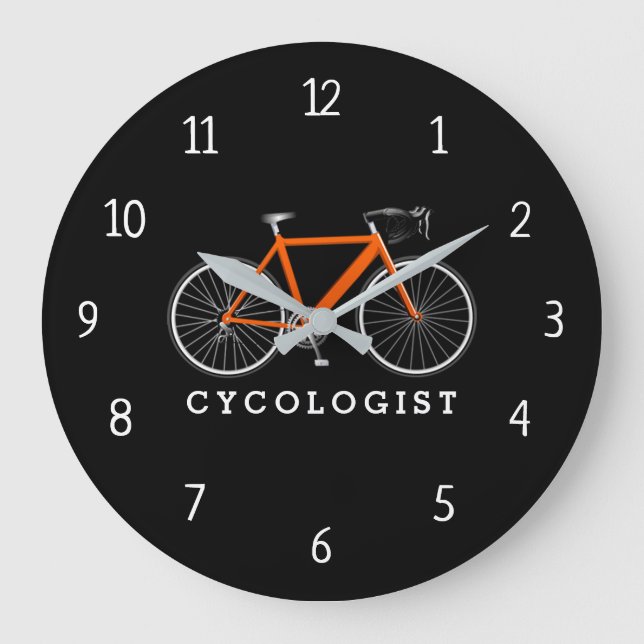 Cycologist Orange Bicycle On Black Large Clock (Front)
