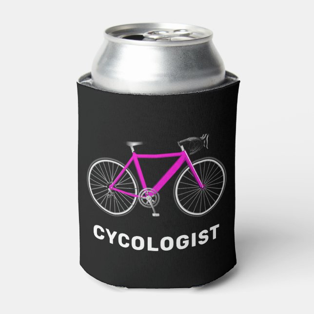Cycologist Text and Pink Bicycle Can Cooler (Can Front)