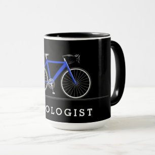 Cycologist text with blue bicycle mug