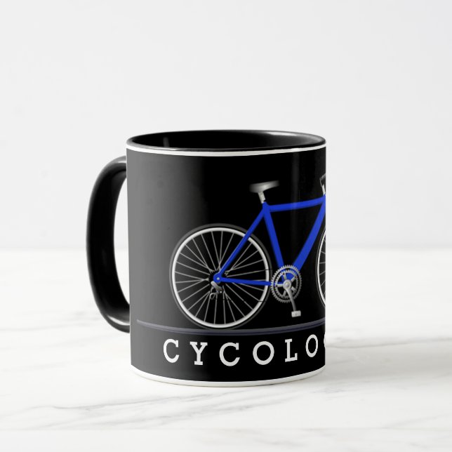 Cycologist text with blue bicycle mug (Front Left)