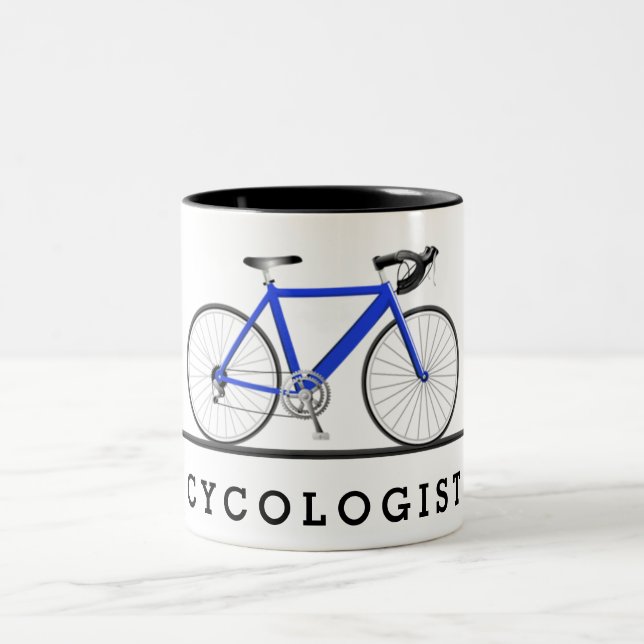 Cycologist text with blue bicycle Two-Tone coffee mug (Center)