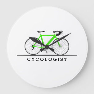 Cycologist text with green bicycle large clock
