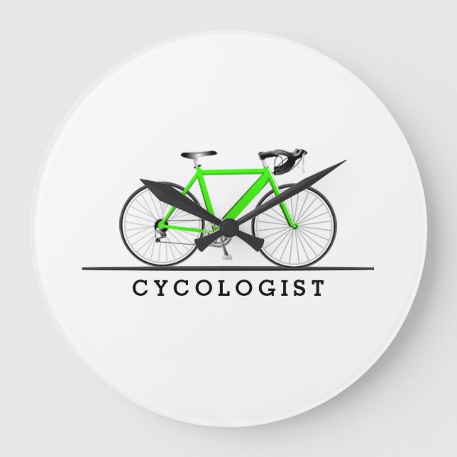 Cycologist text with green bicycle large clock (Front)
