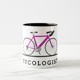Cycologist text with pink bicycle Two-Tone coffee mug