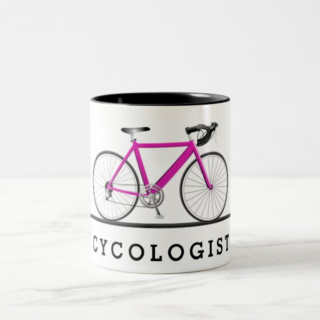 Cycologist text with pink bicycle Two-Tone coffee mug (Center)