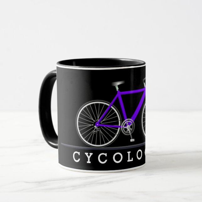 Cycologist text with purple bicycle mug (Front Left)