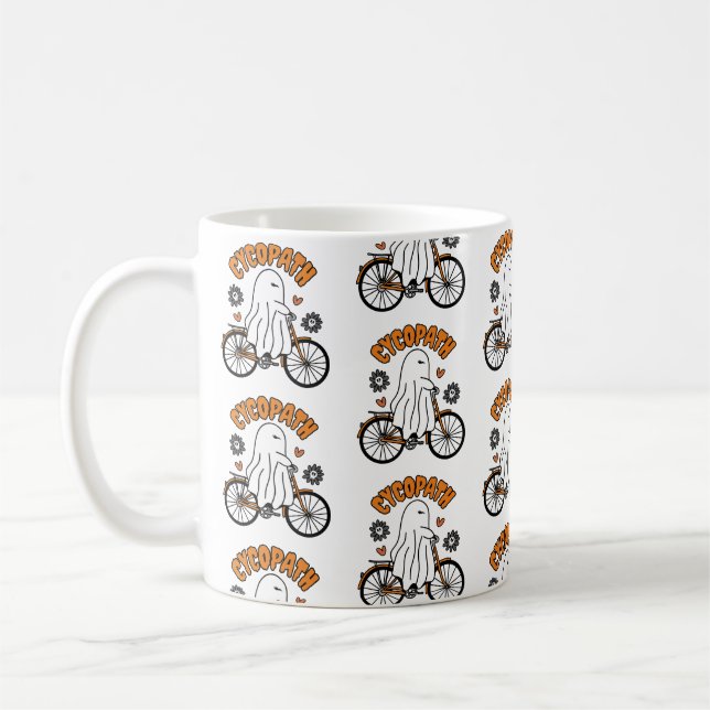 Cycopath Halloween Ghost on Orange Bicycle  Coffee Mug (Left)