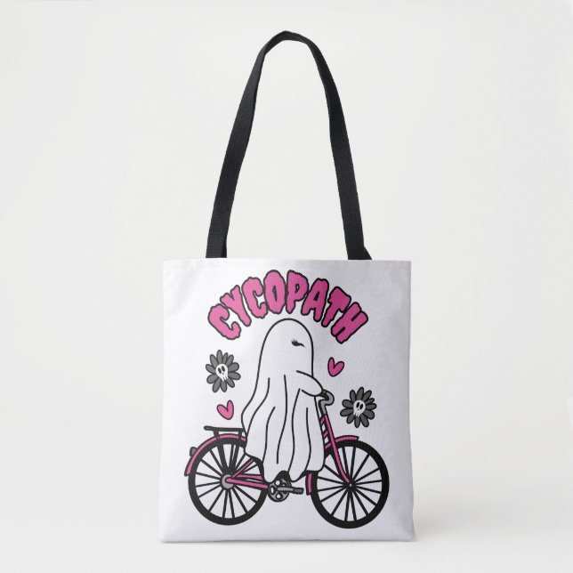 Cycopath Halloween Ghost on Pink Bicycle  Tote Bag (Front)