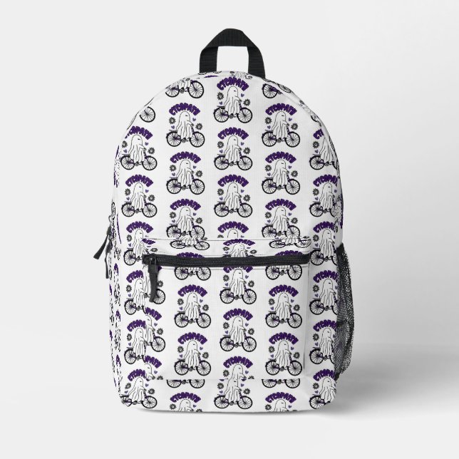 Cycopath Halloween Ghost on Purple Bicycle  Printed Backpack (Front)