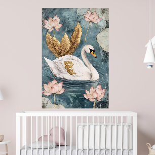 cygne blanc entouré de fleurs de lotus.  poster