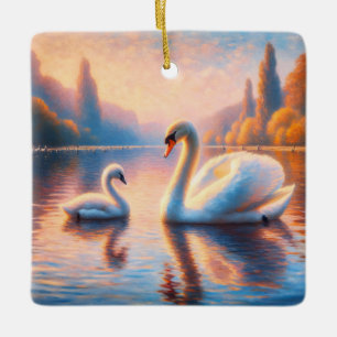 Cygnet and Swan Ceramic Ornament
