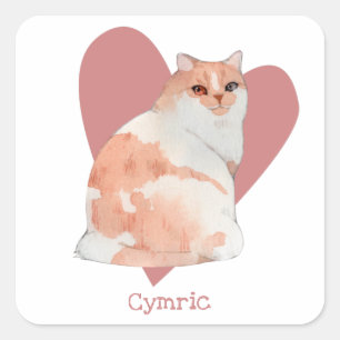 Cymric Cat Watercolor Kitty Pink Heart Square Sticker