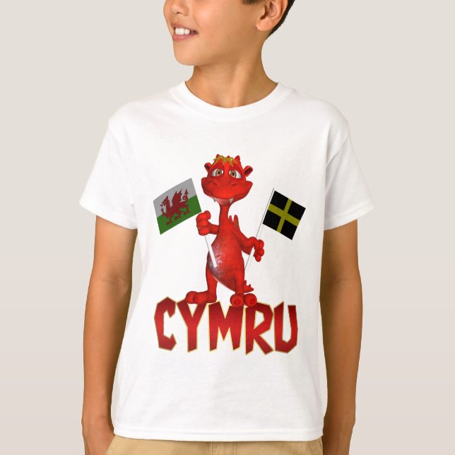 Cymru Welsh T Shirt, Welsh Flag & St. David's Flag T-Shirt (Front)