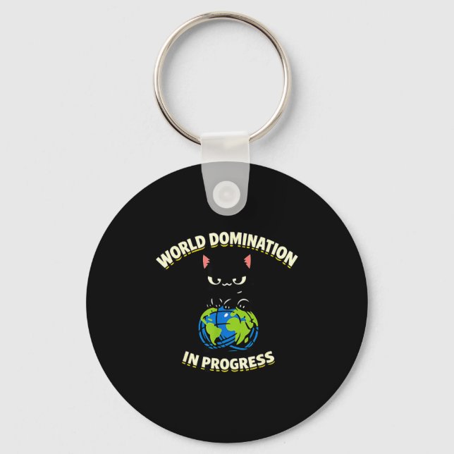 Cynical Kawaii Cat Global Takeover In Progress Art Key Ring (Front)