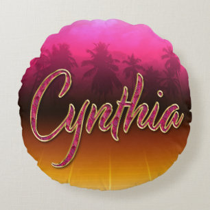 Cynthia First Name Golden pink cushcushion Round Cushion