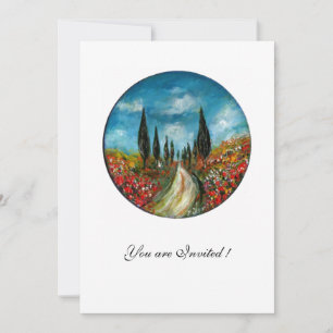 CYPRESS TREES AND POPPIES IN TUSCANY, red blue Invitation