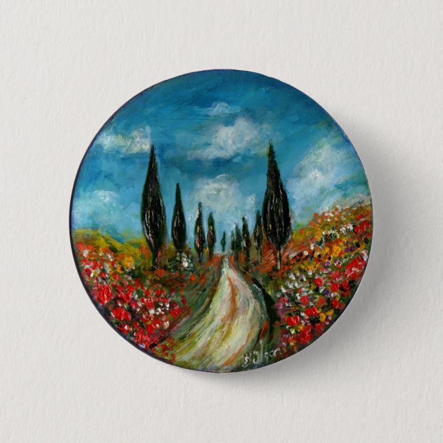 CYPRESS TREES AND POPPIES  IN TUSCANY ROUND 6 CM ROUND BADGE (Front)