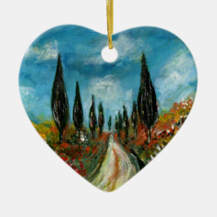 CYPRESS TREES AND POPPIES  IN TUSCANY ROUND CERAMIC TREE DECORATION