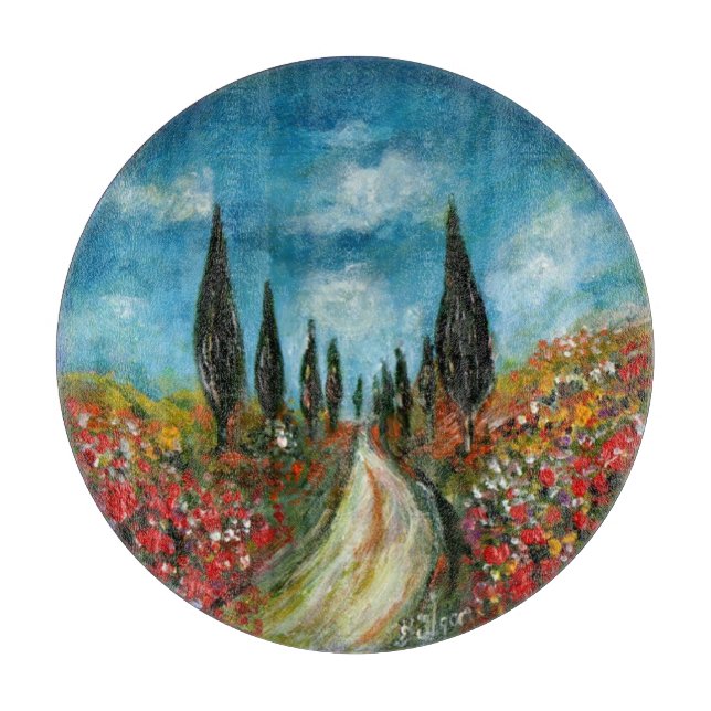 CYPRESS TREES AND POPPIES  IN TUSCANY ROUND CUTTING BOARD (Front)
