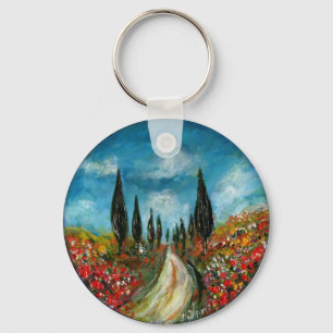 CYPRESS TREES AND POPPIES  IN TUSCANY ROUND KEY RING