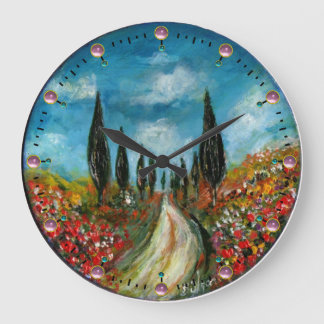 CYPRESS TREES AND POPPIES IN TUSCANY ROUND LARGE CLOCK