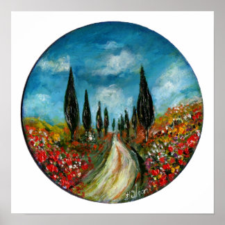 CYPRESS TREES AND POPPIES IN TUSCANY ROUND POSTER