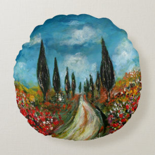 CYPRESS TREES AND POPPIES  IN TUSCANY ROUND ROUND CUSHION
