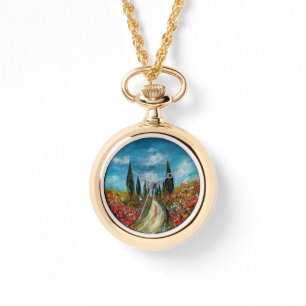 CYPRESS TREES AND POPPIES  IN TUSCANY ROUND WATCH