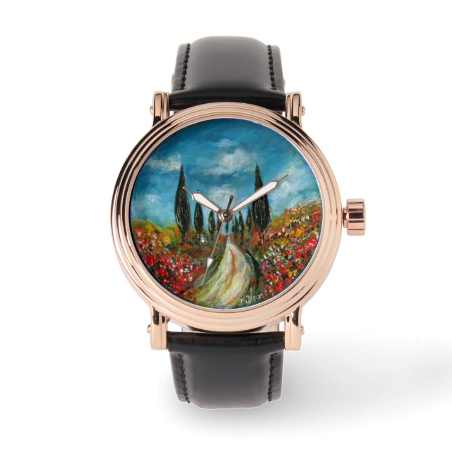 CYPRESS TREES AND POPPIES  IN TUSCANY ROUND WATCH (Front)