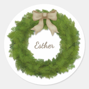 Cypress Wreath With Bow Custom Name or Greeting Classic Round Sticker