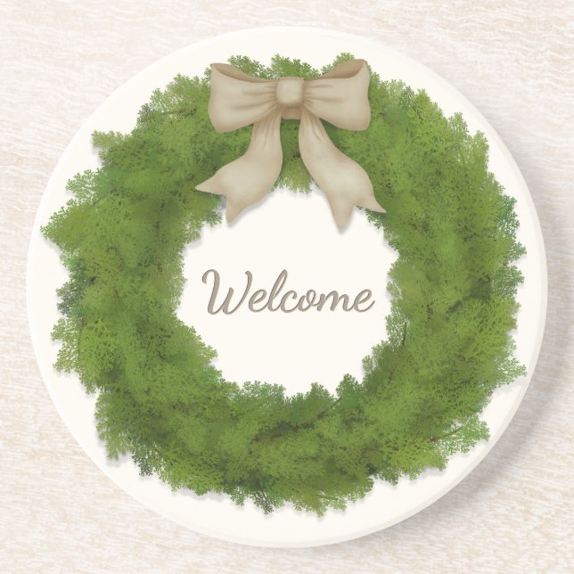 Cypress Wreath With Bow Custom Name or Greeting Coaster (Front)