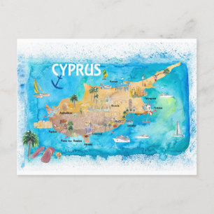 Cyprus Illustrated Map with Main Roads Landmarks  Postcard