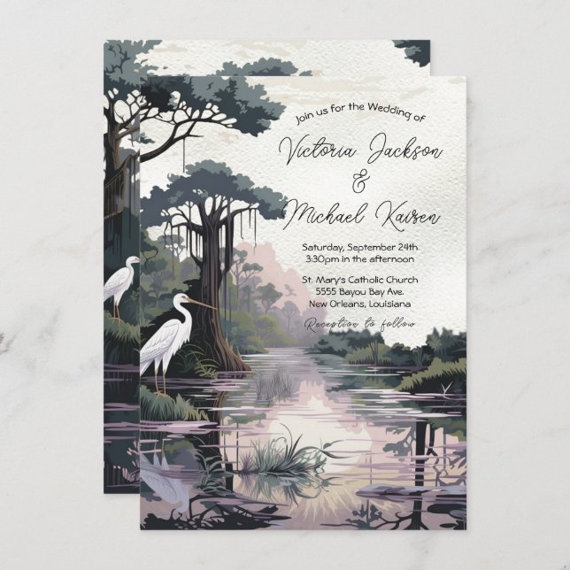 Cyprus Tree Crane Bayou Wedding Invitation (Front/Back)