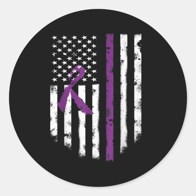 Cystic Fibrosis Awareness American Flag Purple Rib Classic Round Sticker (Front)